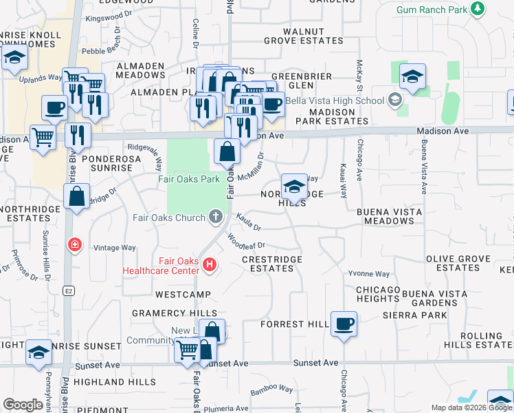 map of restaurants, bars, coffee shops, grocery stores, and more near 8136 Oahu Drive in Fair Oaks
