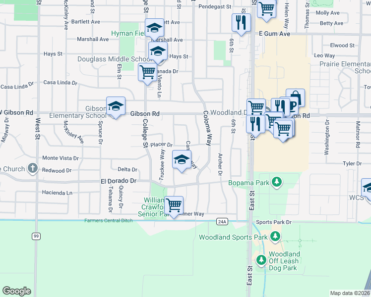 map of restaurants, bars, coffee shops, grocery stores, and more near 714 Placer Drive in Woodland