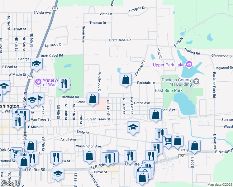map of restaurants, bars, coffee shops, grocery stores, and more near 1601 Bedford Road in Washington