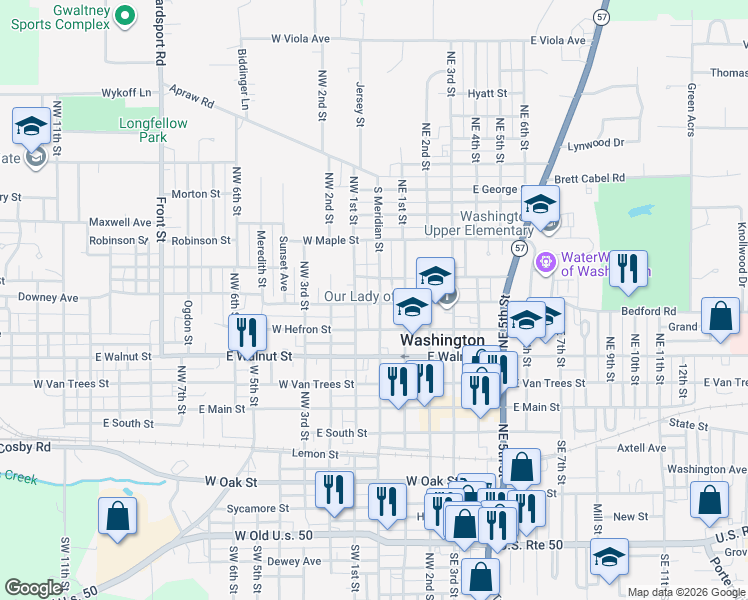 map of restaurants, bars, coffee shops, grocery stores, and more near 401 North Meridian Street in Washington