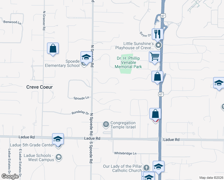 map of restaurants, bars, coffee shops, grocery stores, and more near 10 Sherwyn Lane in Creve Coeur