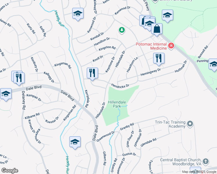 map of restaurants, bars, coffee shops, grocery stores, and more near 13403 Hillendale Drive in Woodbridge