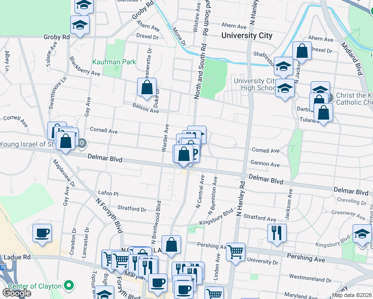 map of restaurants, bars, coffee shops, grocery stores, and more near 7700 Cornell Avenue in St. Louis