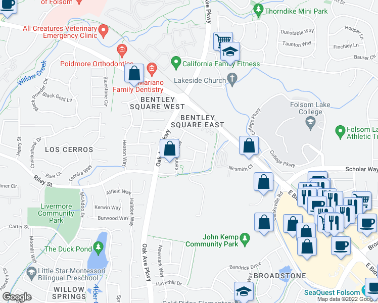 map of restaurants, bars, coffee shops, grocery stores, and more near 113 Kennerly Way in Folsom