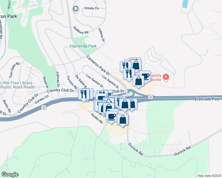 map of restaurants, bars, coffee shops, grocery stores, and more near 3341 Country Club Drive in Shingle Springs