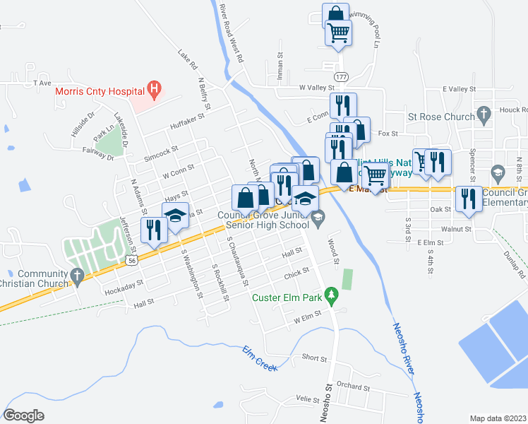 map of restaurants, bars, coffee shops, grocery stores, and more near 325 W Main St in Council Grove
