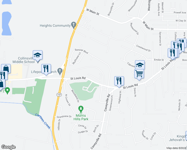 map of restaurants, bars, coffee shops, grocery stores, and more near 130 Hillcrest Avenue in Collinsville