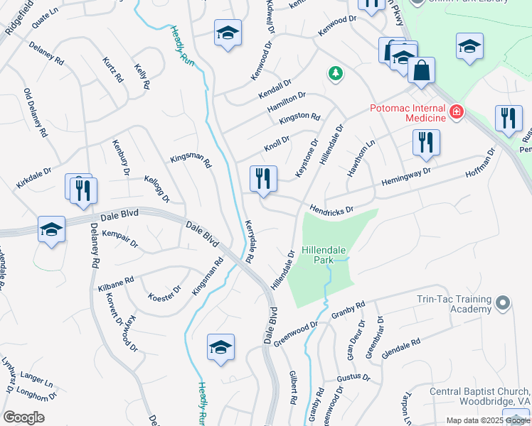 map of restaurants, bars, coffee shops, grocery stores, and more near 4513 Hazelton Drive in Woodbridge
