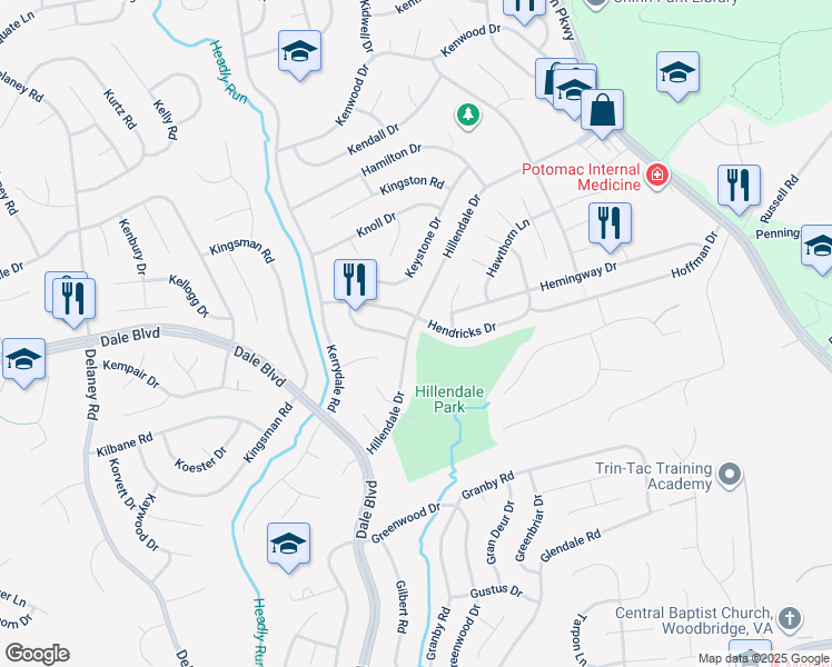 map of restaurants, bars, coffee shops, grocery stores, and more near 13403 Hillendale Drive in Woodbridge