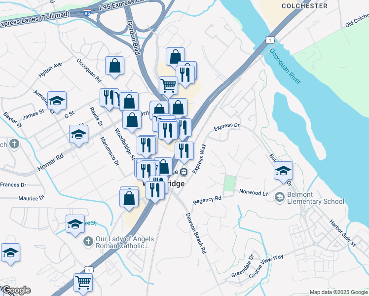 map of restaurants, bars, coffee shops, grocery stores, and more near 13431 Jefferson Davis Highway in Woodbridge