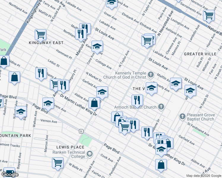 map of restaurants, bars, coffee shops, grocery stores, and more near in St. Louis