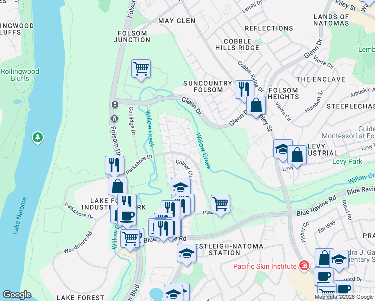 map of restaurants, bars, coffee shops, grocery stores, and more near 685 Silo Street in Folsom