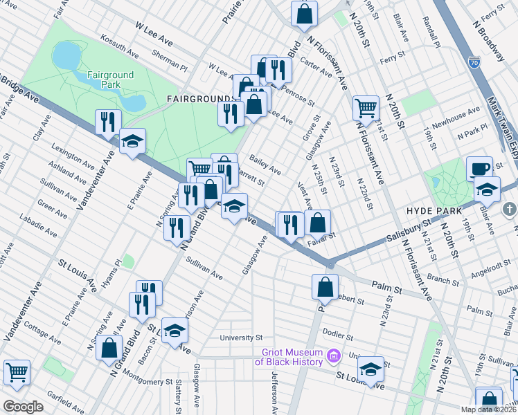 map of restaurants, bars, coffee shops, grocery stores, and more near 3206 Harper Street in St. Louis