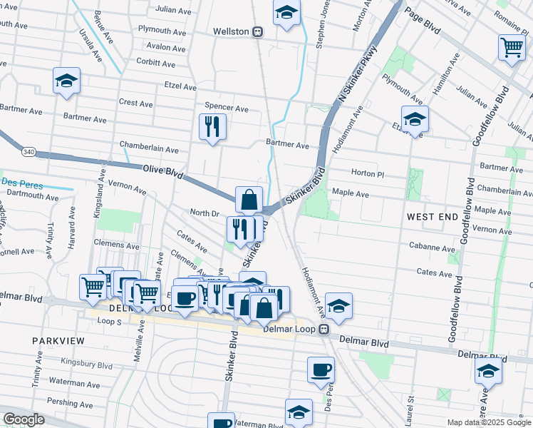 map of restaurants, bars, coffee shops, grocery stores, and more near Olive Boulevard & North Skinker Boulevard in University City