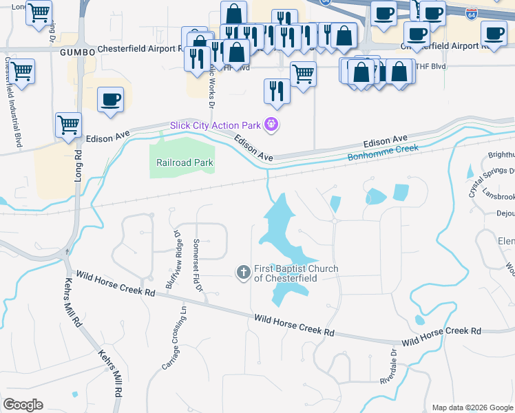 map of restaurants, bars, coffee shops, grocery stores, and more near 17095 Wild Horse Creek Road in Chesterfield