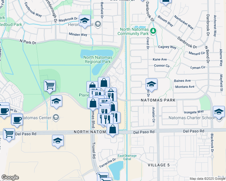 map of restaurants, bars, coffee shops, grocery stores, and more near 4850 Natomas Boulevard in Sacramento