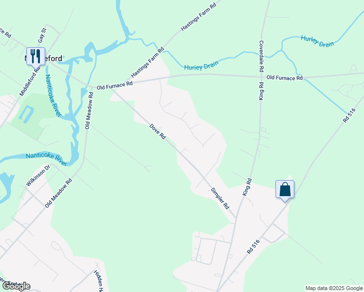map of restaurants, bars, coffee shops, grocery stores, and more near 23813 Dove Road in Seaford
