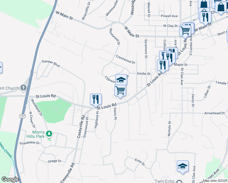 map of restaurants, bars, coffee shops, grocery stores, and more near 152 Boskydells Drive in Collinsville
