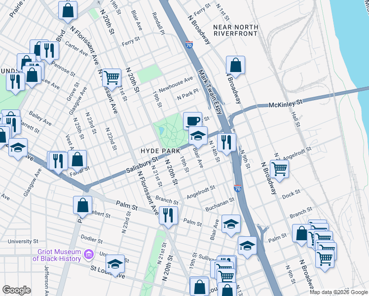 map of restaurants, bars, coffee shops, grocery stores, and more near 1518 Salisbury Street in St. Louis