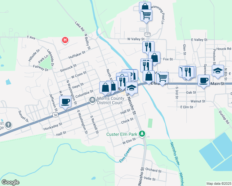 map of restaurants, bars, coffee shops, grocery stores, and more near 2 North Mission Street in Council Grove