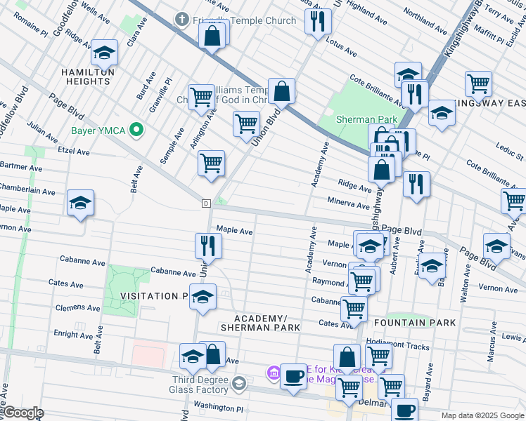 map of restaurants, bars, coffee shops, grocery stores, and more near 5159 Page Boulevard in Saint Louis