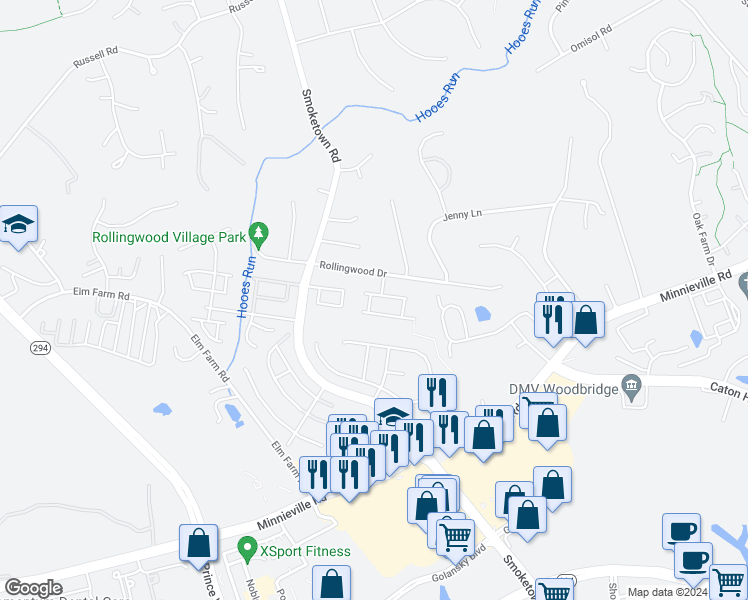 map of restaurants, bars, coffee shops, grocery stores, and more near 13519 Bentley Circle in Woodbridge