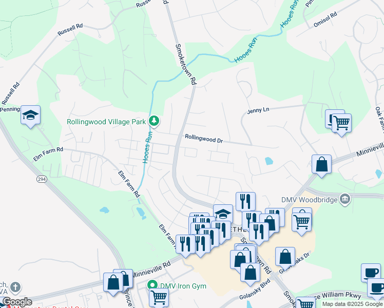 map of restaurants, bars, coffee shops, grocery stores, and more near 3335 Wyndale Court in Woodbridge
