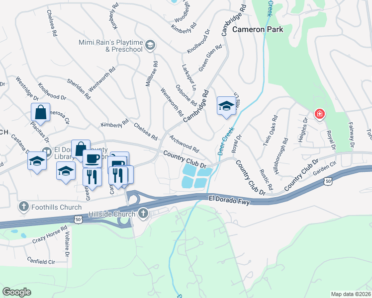 map of restaurants, bars, coffee shops, grocery stores, and more near 3883 Archwood Road in Cameron Park