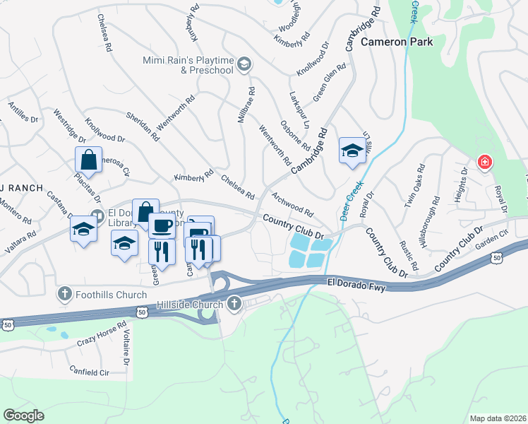 map of restaurants, bars, coffee shops, grocery stores, and more near 3842 Cambridge Road in Cameron Park