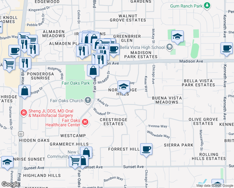 map of restaurants, bars, coffee shops, grocery stores, and more near 8207 Oahu Drive in Fair Oaks
