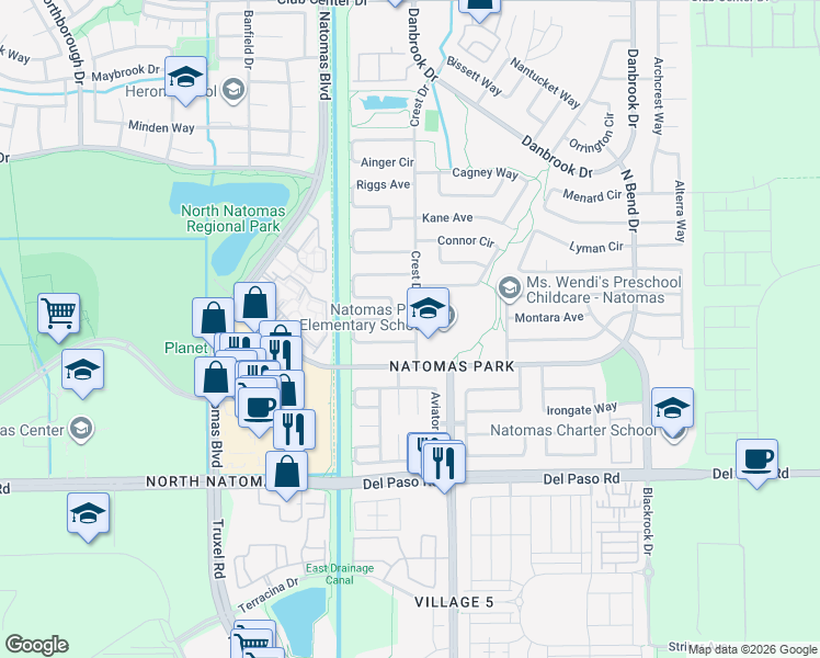map of restaurants, bars, coffee shops, grocery stores, and more near 4829 Crest Drive in Sacramento