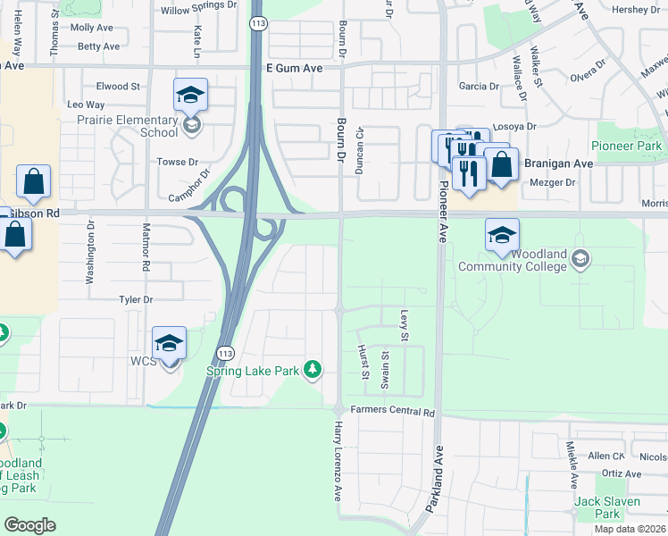 map of restaurants, bars, coffee shops, grocery stores, and more near 1418 Harry Lorenzo Avenue in Woodland