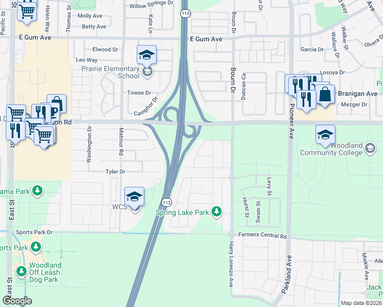 map of restaurants, bars, coffee shops, grocery stores, and more near 57 Kiska Drive in Woodland