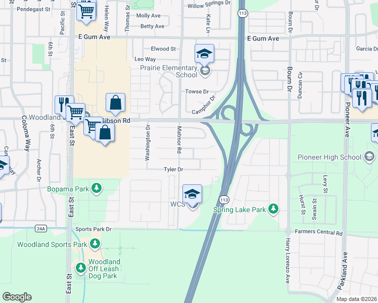 map of restaurants, bars, coffee shops, grocery stores, and more near 1431 Garfield Court in Woodland