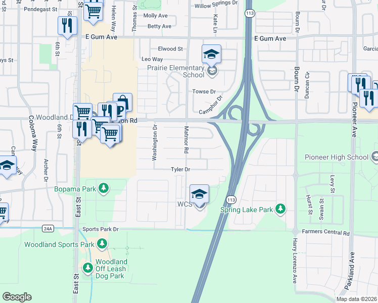 map of restaurants, bars, coffee shops, grocery stores, and more near 1387 Garfield Place in Woodland