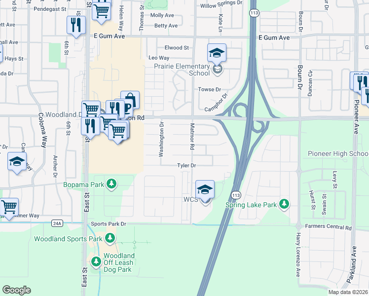 map of restaurants, bars, coffee shops, grocery stores, and more near 1387 Garfield Place in Woodland