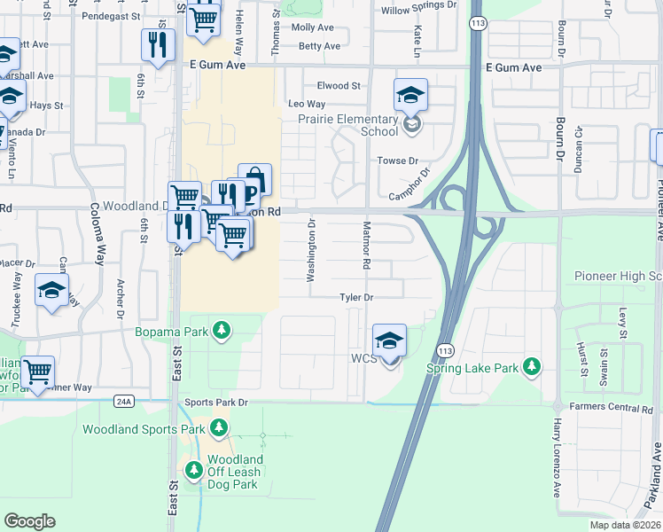 map of restaurants, bars, coffee shops, grocery stores, and more near 1363 Garfield Place in Woodland