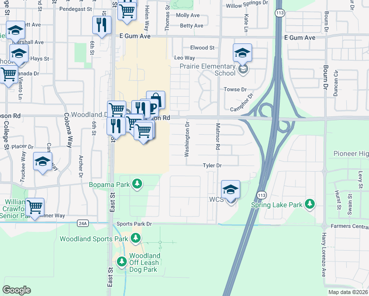 map of restaurants, bars, coffee shops, grocery stores, and more near 1333 Monroe Court in Woodland