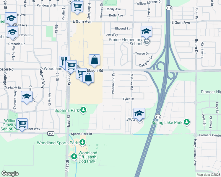 map of restaurants, bars, coffee shops, grocery stores, and more near 1333 Monroe Court in Woodland