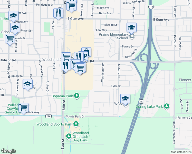 map of restaurants, bars, coffee shops, grocery stores, and more near 1301 Monroe Court in Woodland