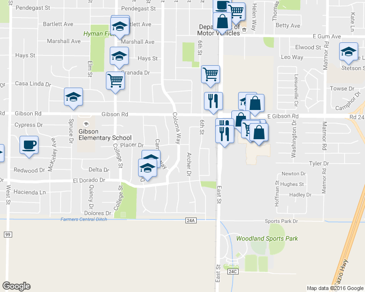 map of restaurants, bars, coffee shops, grocery stores, and more near 815 Placer Drive in Woodland