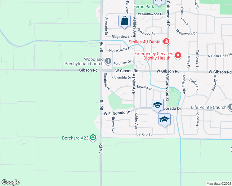 map of restaurants, bars, coffee shops, grocery stores, and more near 829 Lewis Avenue in Woodland