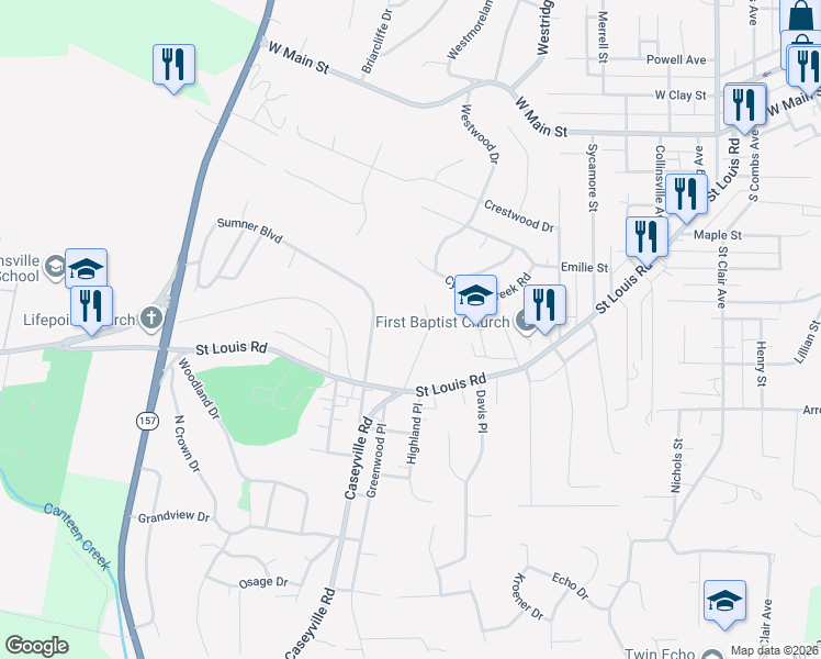 map of restaurants, bars, coffee shops, grocery stores, and more near 154 Sumner Boulevard in Collinsville