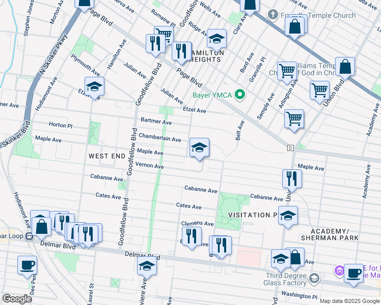 map of restaurants, bars, coffee shops, grocery stores, and more near 5588 Chamberlain Avenue in St. Louis