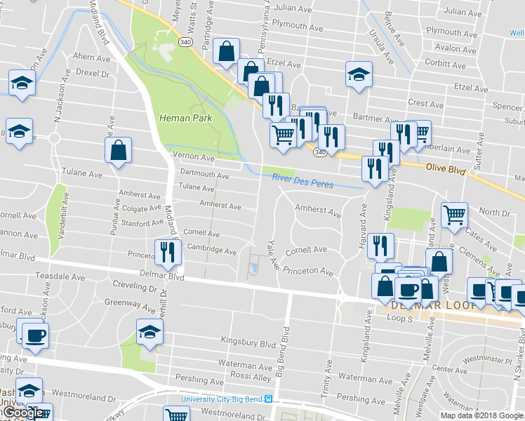 map of restaurants, bars, coffee shops, grocery stores, and more near 789 Yale Avenue in University City