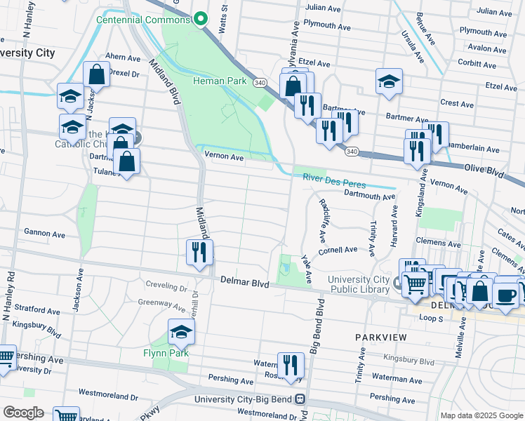 map of restaurants, bars, coffee shops, grocery stores, and more near 7045 Amherst Avenue in University City