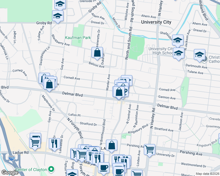map of restaurants, bars, coffee shops, grocery stores, and more near 7740 Cornell Avenue in University City