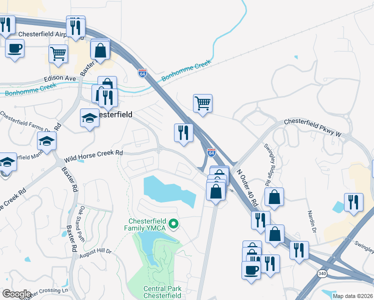 map of restaurants, bars, coffee shops, grocery stores, and more near 16461 Wild Horse Creek Road in Chesterfield