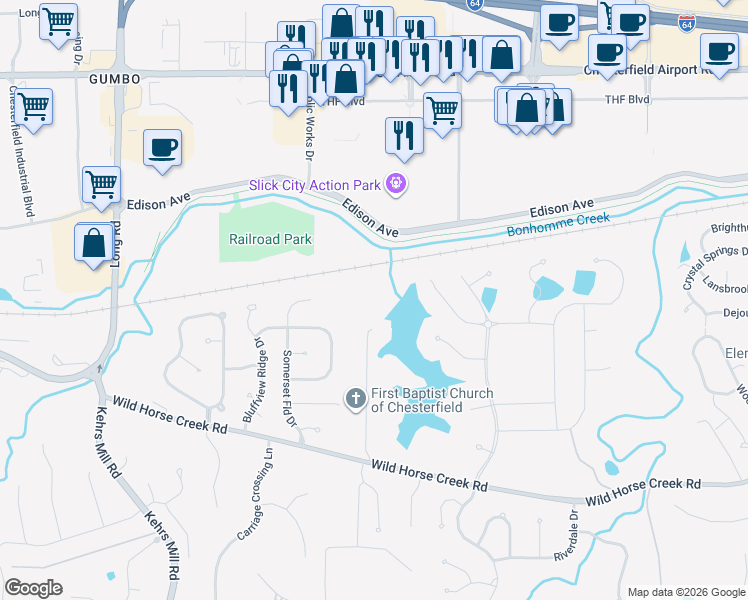 map of restaurants, bars, coffee shops, grocery stores, and more near 17095 Wild Horse Creek Road in Chesterfield