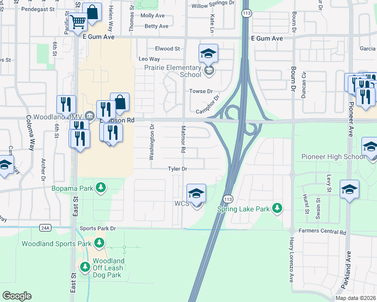 map of restaurants, bars, coffee shops, grocery stores, and more near 1387 Garfield Place in Woodland